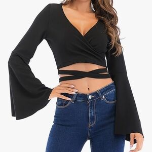 SHEIN V-neck crop top featuring long bell sleeves with a criss-cross tie MEDIUM